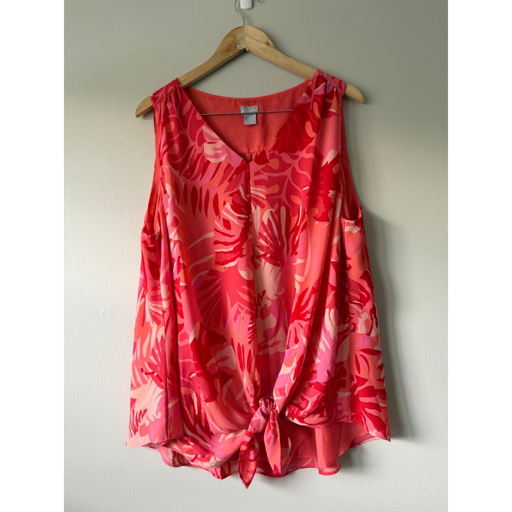Chicos Pink Orange Tropical Palm Leaf Tie Front Sleeveless Top Plus Size 4 20/22